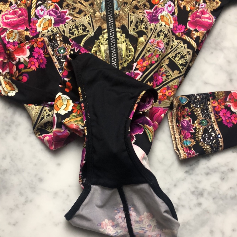 Camilla Long Sleeve Floral Print One-Piece Swimsuit in Black and Pink Size M - Picture 15 of 16